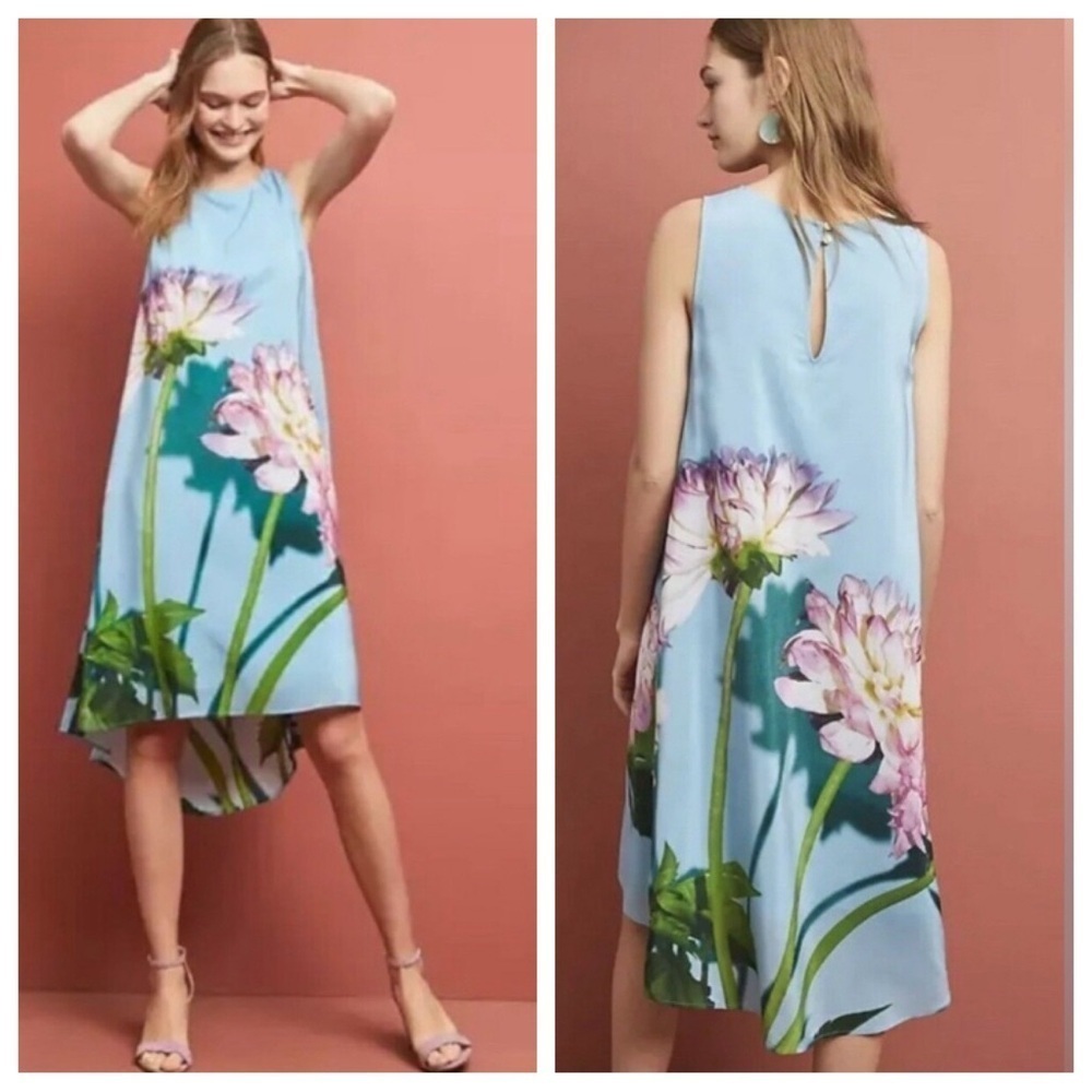 Anthropologie Photorealistic Silk Blue Floral Sleeveless A-line Dress 45177